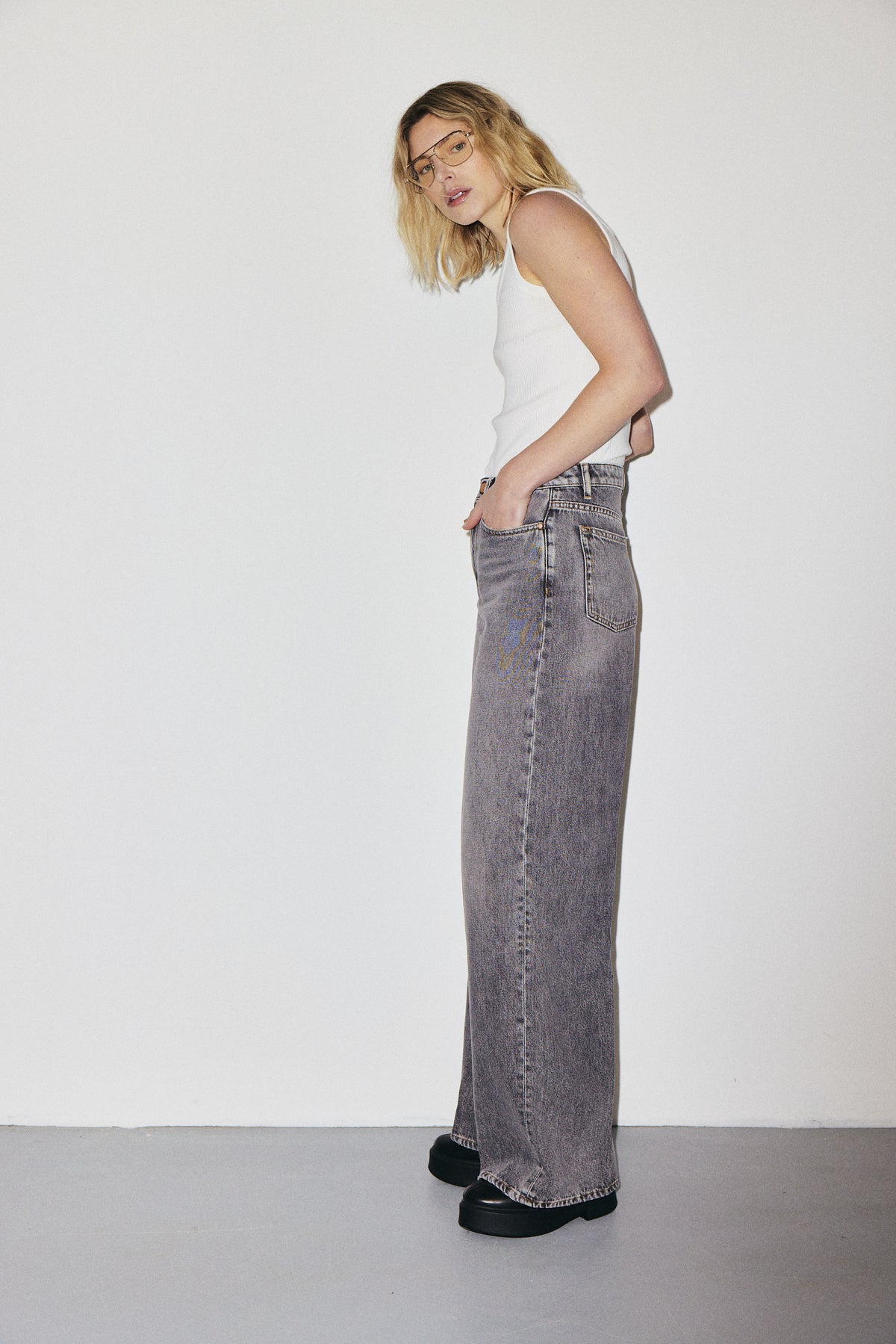 Flip Jean 3x1 NYC high-rise palazzo jeans in 10oz lightweight Italian denim, stone wash