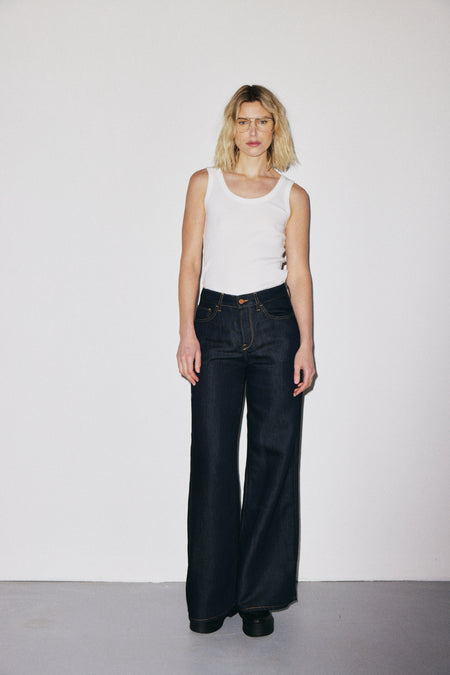 The Silk Kat 3x1 NYC mid-rise flared wide-leg jeans in silk blend, Martin blue wash